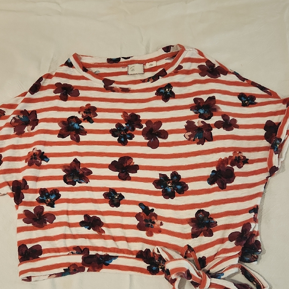 Anthropologie Orange and White Floral Striped Tee